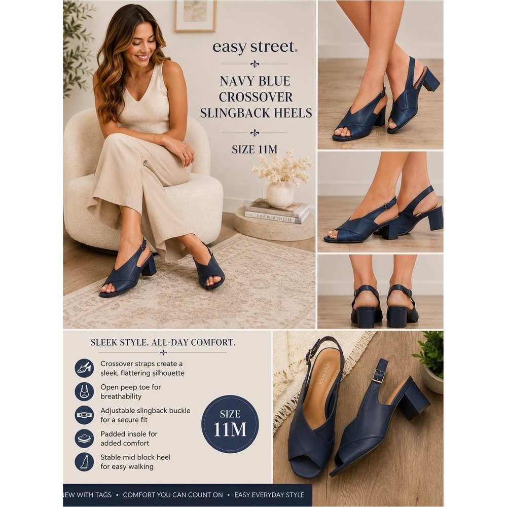 easy street Navy Blue Crossover Slingback Heels 11M NEW